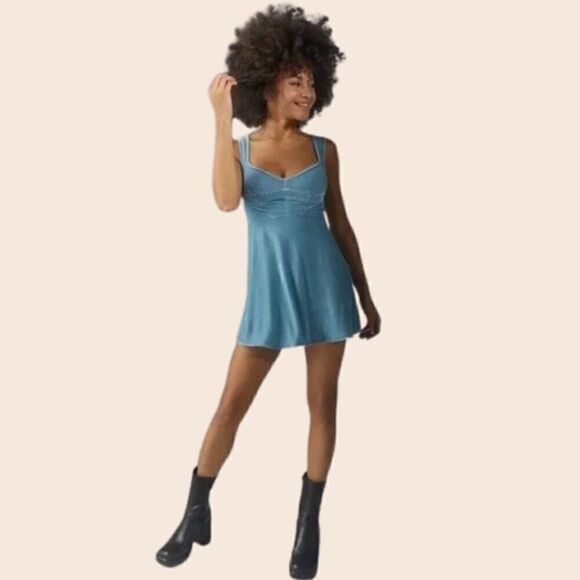 Urban Outfitters Genivieve Blue Velvet Corset Mini Dress Size Large - Picture 2 of 14